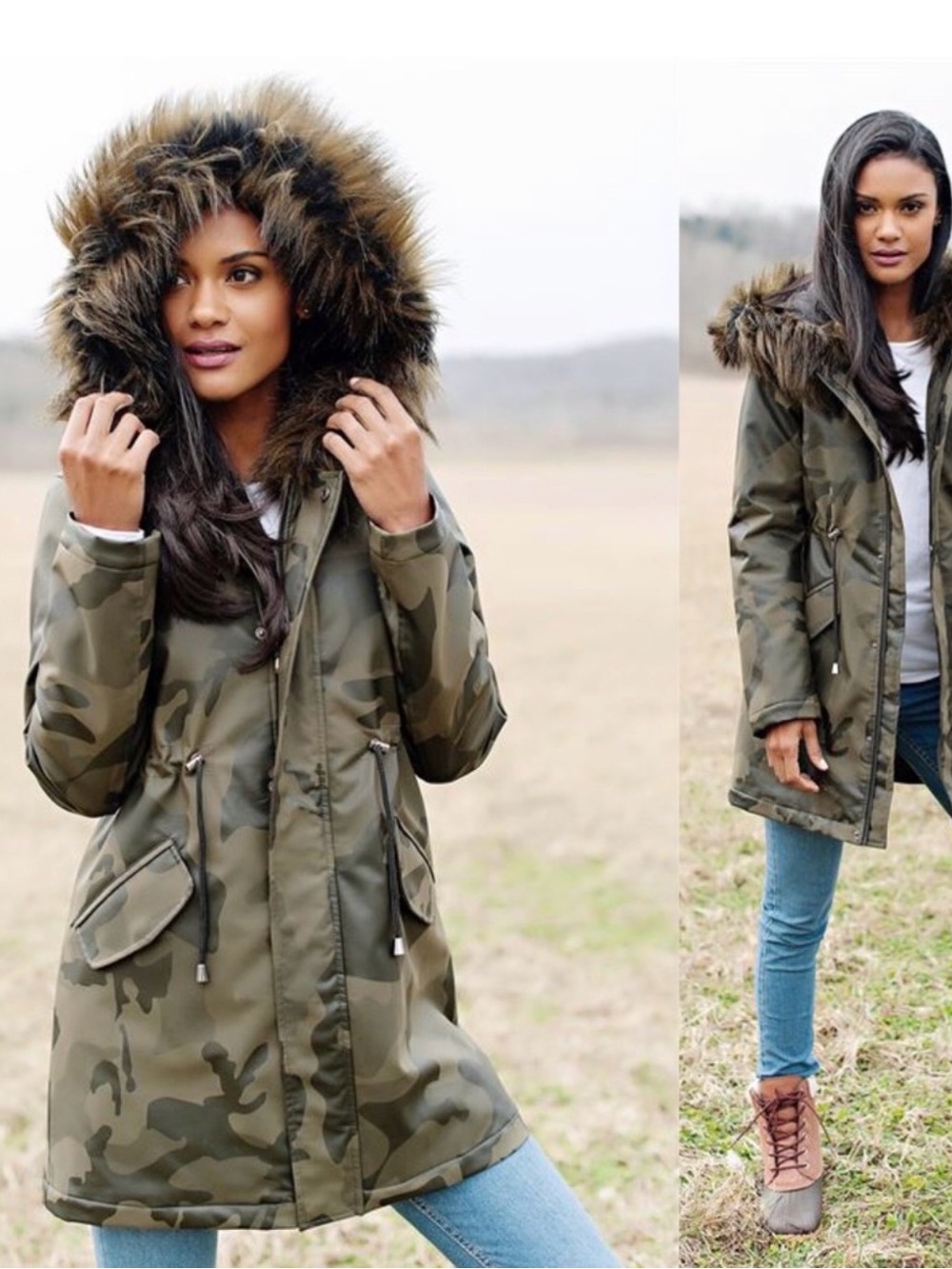Fabulous Furs Olive Green Camo Parka with Faux Fur Hood